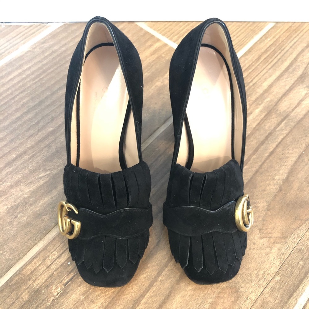 GUCCI Marmont GG Black Suede Fringe Loafer Heel 34 - Picture 5 of 8